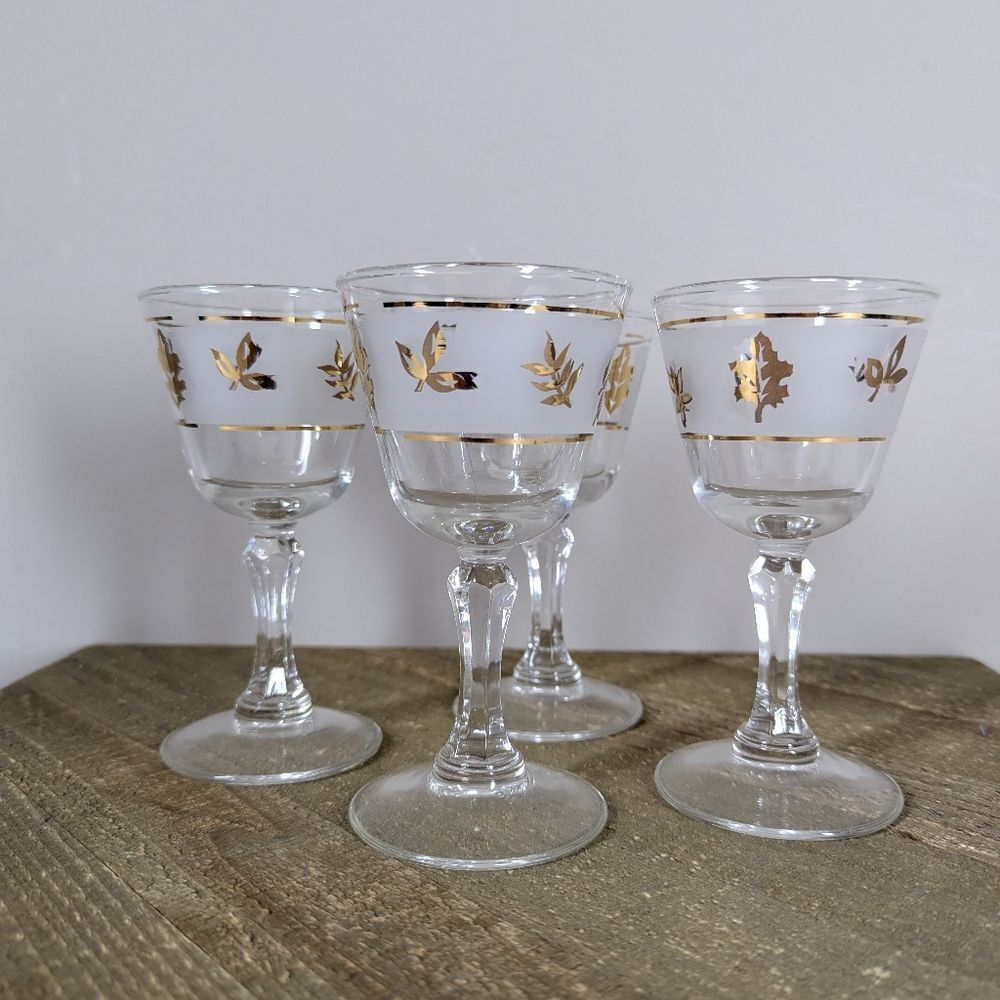 Libbey Gold Foliage Cordial Glasses Set of 4 Mid-Century
